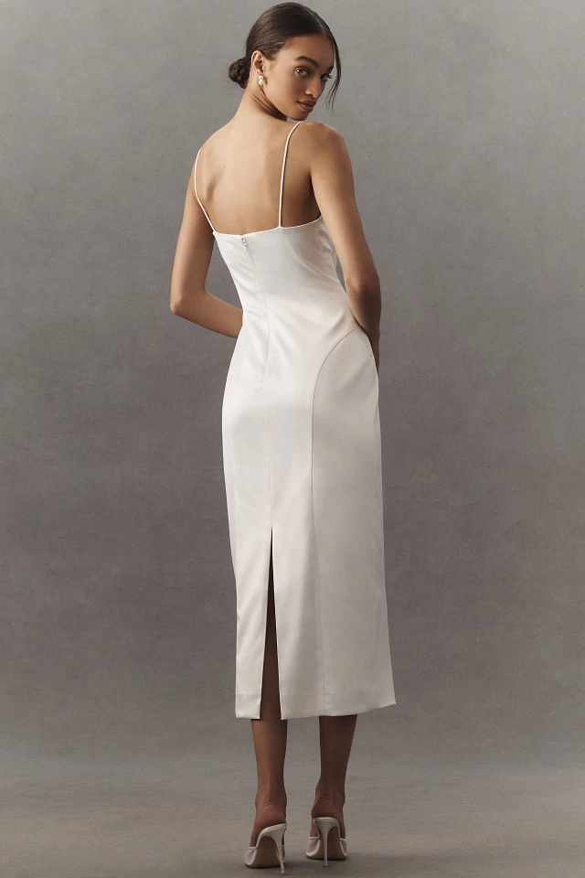 bhldn scoop-neck fit & flare satin midi dress BHLDN Square-Neck Back-Slit Slim Satin Midi Dress at MarketFair Shoppes in  Princeton, NJ