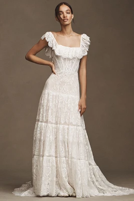 RISH Lauren Square-Neck A-Line Tiered Lace Wedding Gown