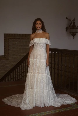 RISH Lauren Square-Neck A-Line Tiered Lace Wedding Gown