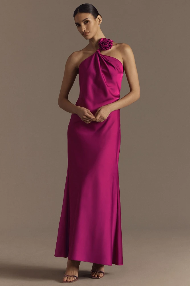 Aidan Mattox Clara One-Shoulder Rosette Satin A-Line Maxi Dress