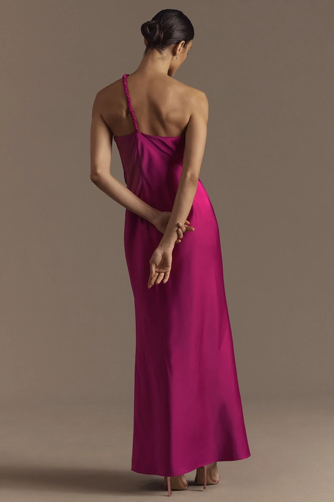 Aidan Mattox Clara One-Shoulder Rosette Satin A-Line Maxi Dress