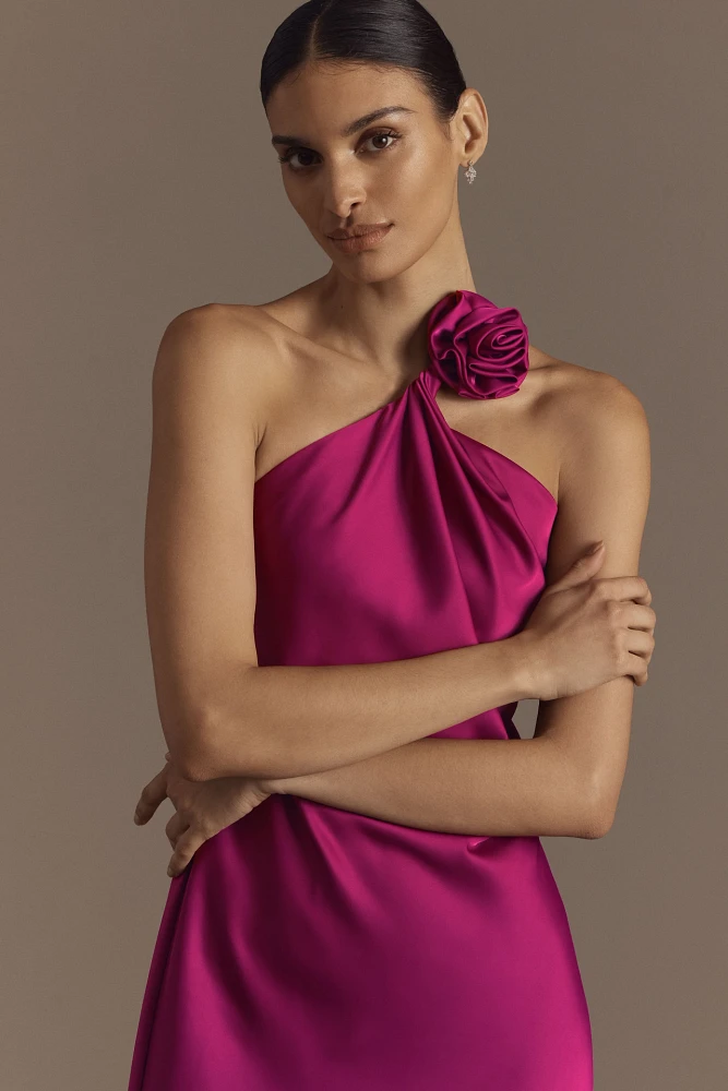 Aidan Mattox Clara One-Shoulder Rosette Satin A-Line Maxi Dress