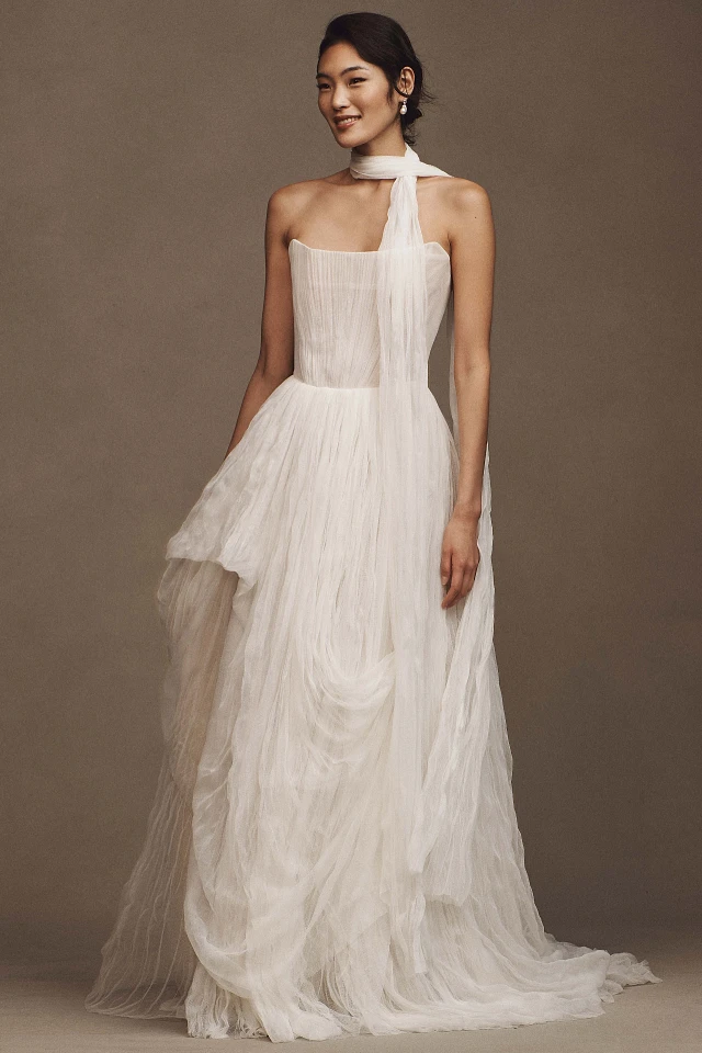 anthropologie corset wedding dress Wtoo by Watters Allie Strapless Corset Satin Wedding Gown