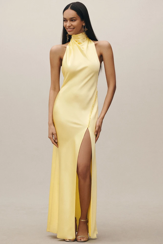 SAU LEE Penelope High-Neck Backless Satin Gown