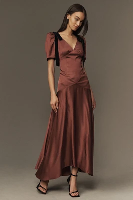 Mare Bree Puff-Sleeve V-Neck Satin Midi Dress