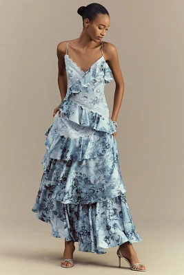 BHLDN Elora Sleeveless V-Neck Ruffle Lace Maxi Dress