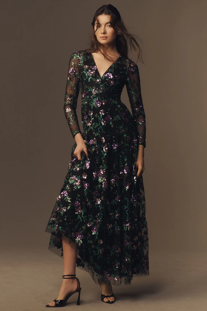 Dress The Population Angelina Long-Sleeve Sequin Floral Embroidered Maxi