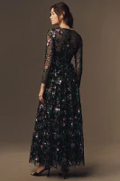 Dress The Population Angelina Long-Sleeve Sequin Floral Embroidered Maxi