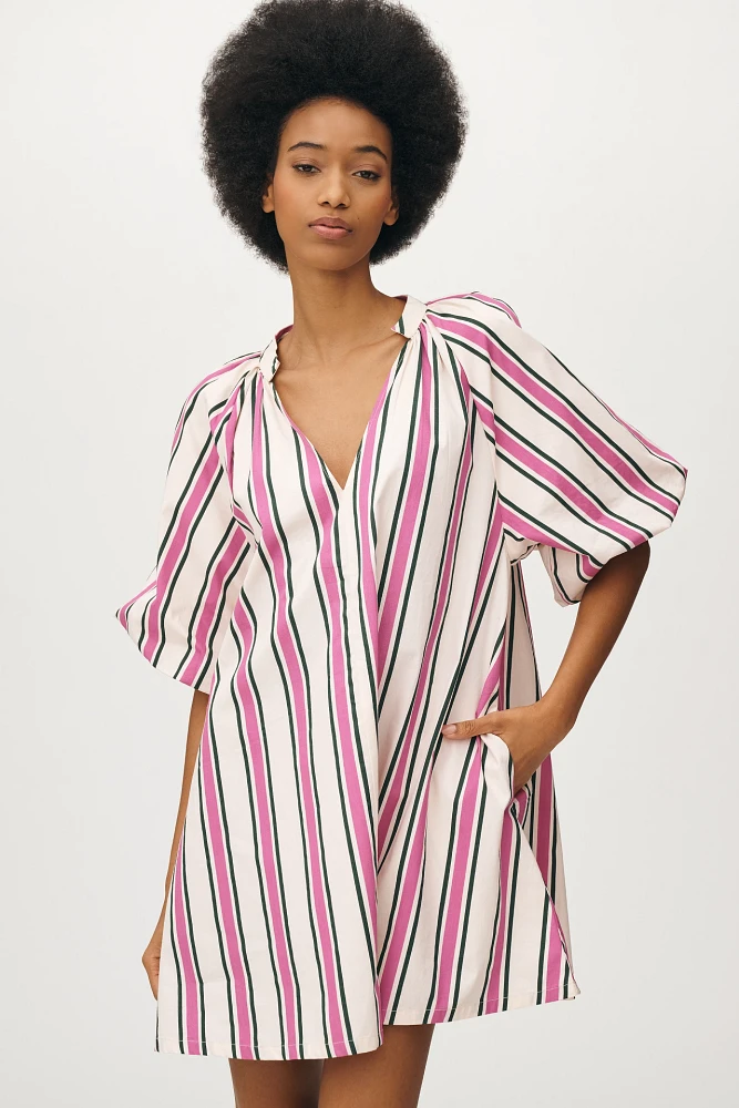 Bel Kazan Striped Puff-Sleeve Mini Shift Dress