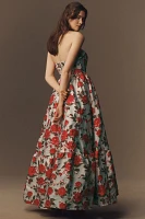 Mac Duggal Strapless Brocade Floral Ruffle-Hem A-Line Maxi Dress