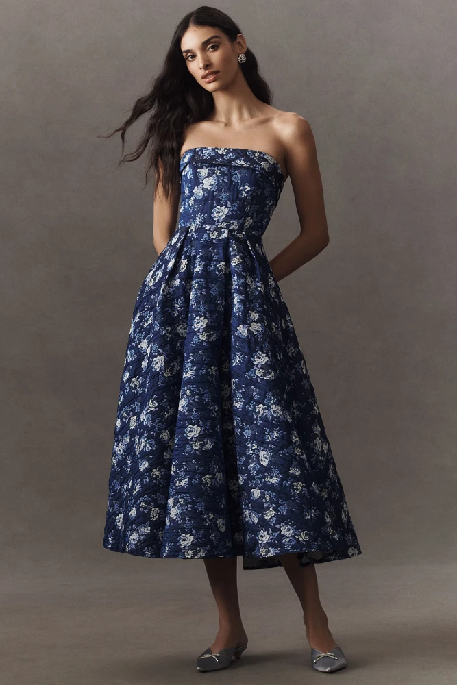 Mac Duggal Strapless Floral Brocade Fit & Flare Midi Dress