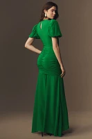 De La Vali Olympia Puff-Sleeve Ruched Crepe Maxi Dress