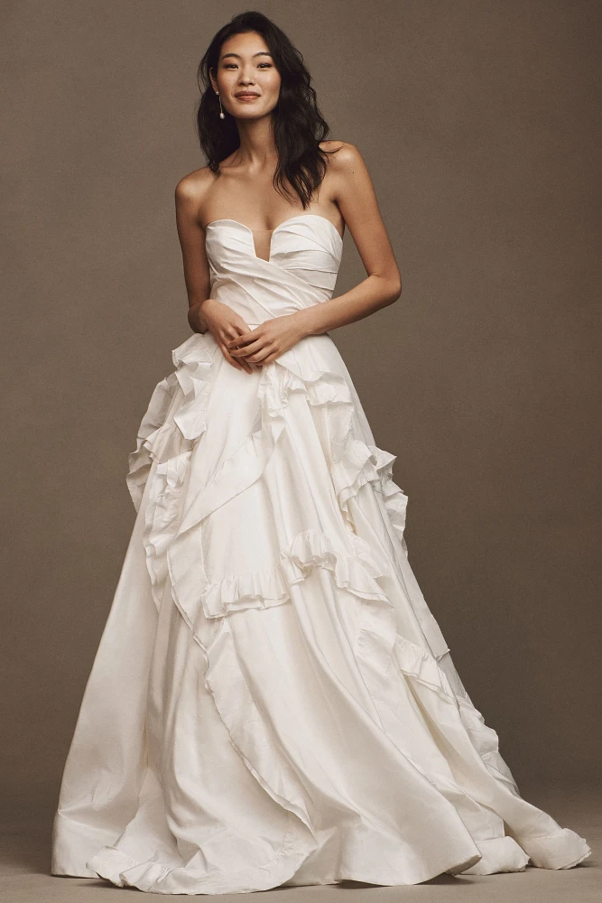 OUMA Alix Strapless Taffeta Ruffle Wedding Gown