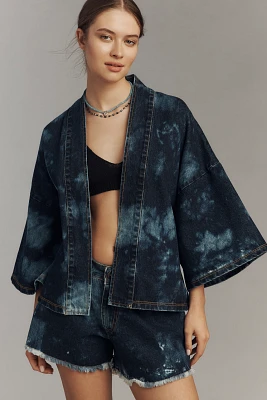 DON'T @ ME Tie Dye Tie-Belt Wrap Denim Jacket