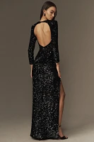 Helsi Quinn Long-Sleeve Open-Back Sequin Velvet Maxi Dress