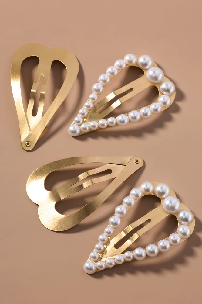 Pearl Heart Hair Barrettes, Set of 4