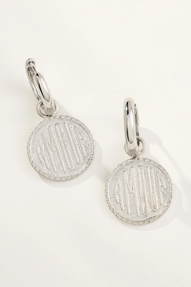 Amour Coin Charm Huggie Hoop Earrings