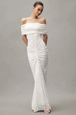 Ronny Kobo Tamsin Off-The-Shoulder Ruched Lace Maxi Dress