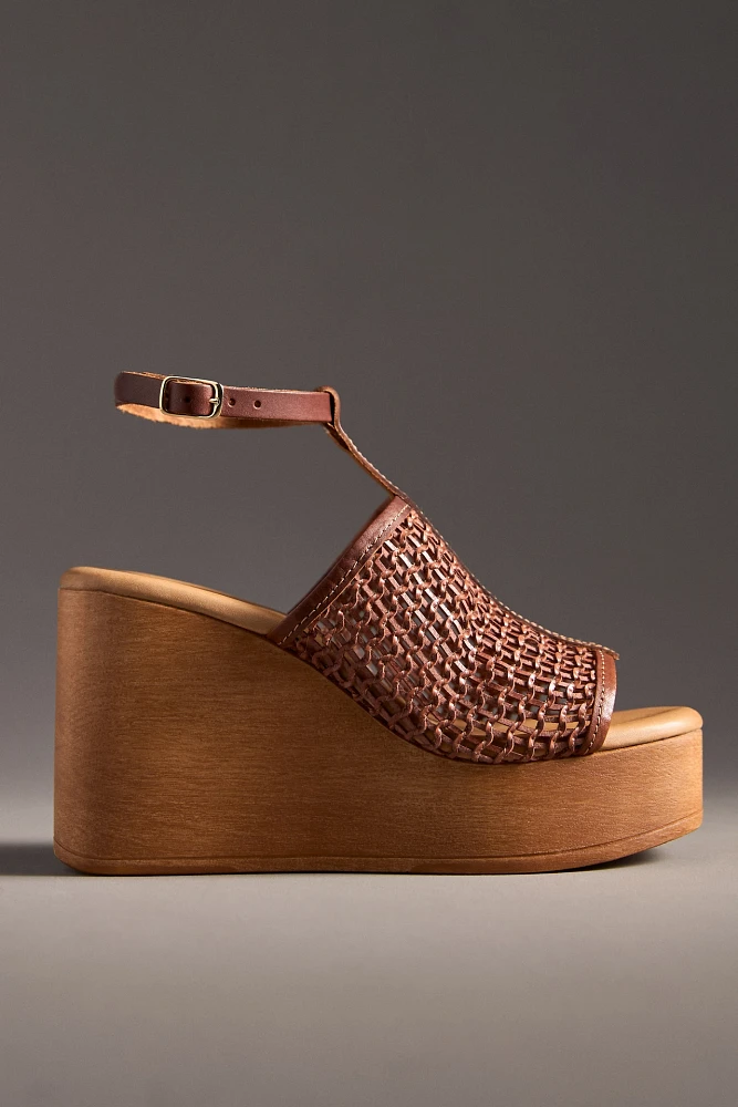 By Anthropologie Open-Toe Woven Wood-Bottom Platform Heels