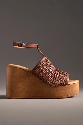 By Anthropologie Open-Toe Woven Wood-Bottom Platform Heels