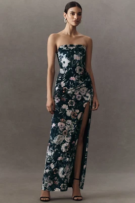 BHLDN Luella Strapless Side-Slit Printed Stretch Velvet Maxi Dress