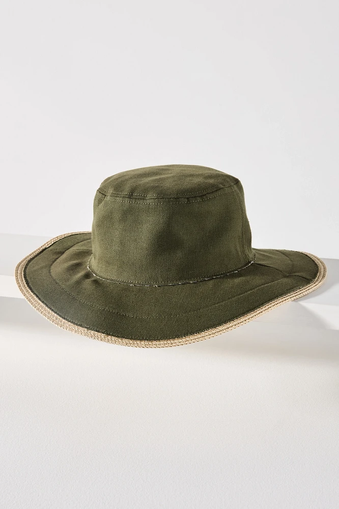 Straw-Trim Canvas Bucket Hat