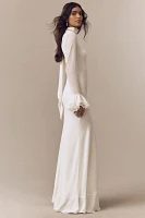 De La Vali Daira Mock-Neck Ruffle Long-Sleeve Bias-Cut Maxi Dress