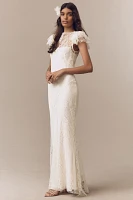 De La Vali Nephele Lace Flutter-Sleeve Fishtail Maxi Dress