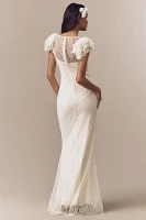 De La Vali Nephele Lace Flutter-Sleeve Fishtail Maxi Dress