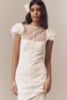 De La Vali Nephele Lace Flutter-Sleeve Fishtail Maxi Dress