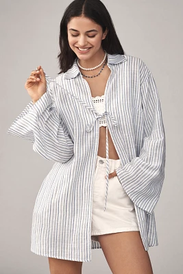 Flat White Long-Sleeve Tie-Front Tunic Top