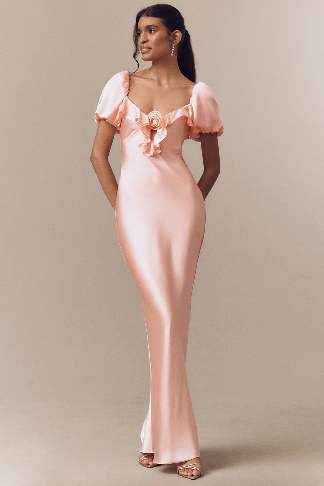 De La Vali Eden Satin Puff-Sleeve Column Maxi Dress