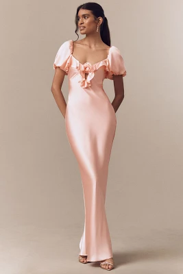 De La Vali Eden Satin Puff-Sleeve Column Maxi Dress
