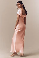De La Vali Eden Satin Puff-Sleeve Column Maxi Dress
