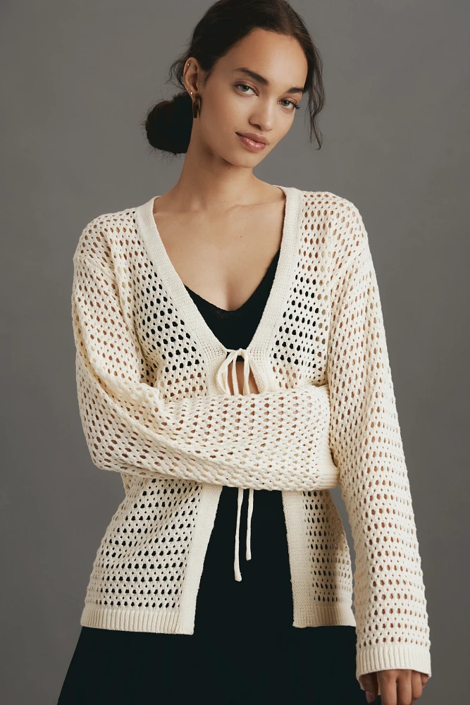 Flat White Long-Sleeve Crochet Tunic Top