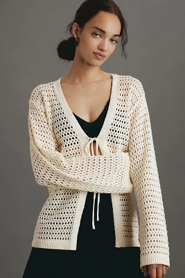 Flat White Long-Sleeve Crochet Tunic Top