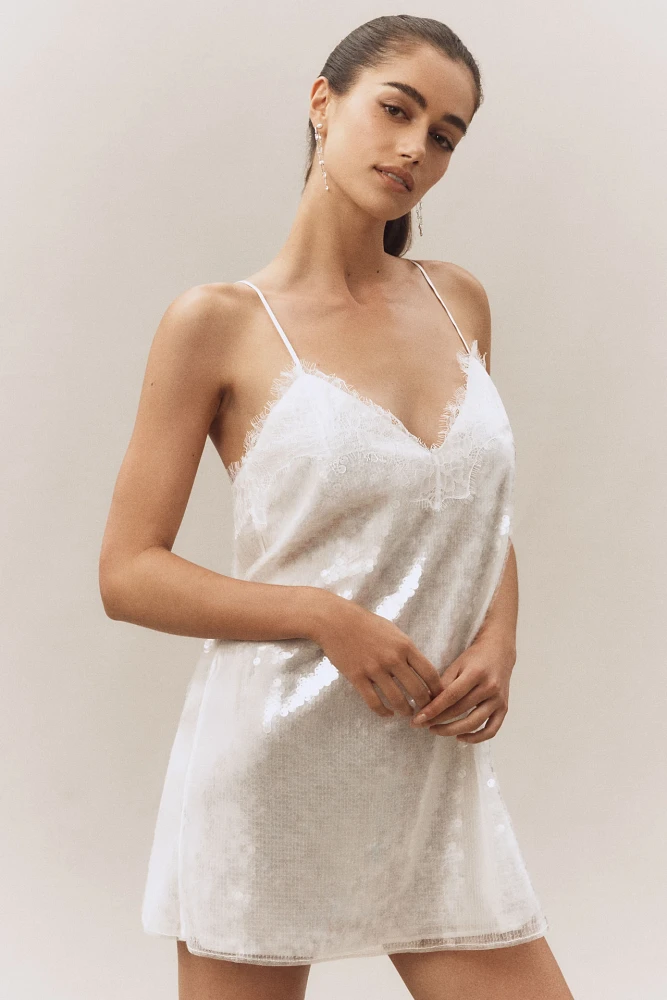 Retrofete Olive Sequin Lace V-Neck Mini Slip Dress