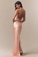 Retrofete Everly Halter Lace-Trim Satin Maxi Dress