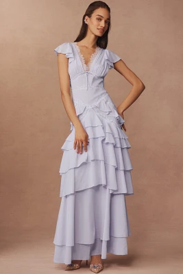 For Love & Lemons Adriana Silk Blend V-Neck Ruffle A-Line Maxi Dress