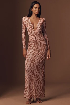 PatBO Long-Sleeve Plunge-Neck Printed Maxi Dress