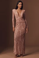 PatBO Long-Sleeve Plunge-Neck Printed Maxi Dress