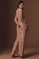 PatBO Long-Sleeve Plunge-Neck Printed Maxi Dress