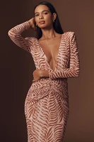 PatBO Long-Sleeve Plunge-Neck Printed Maxi Dress