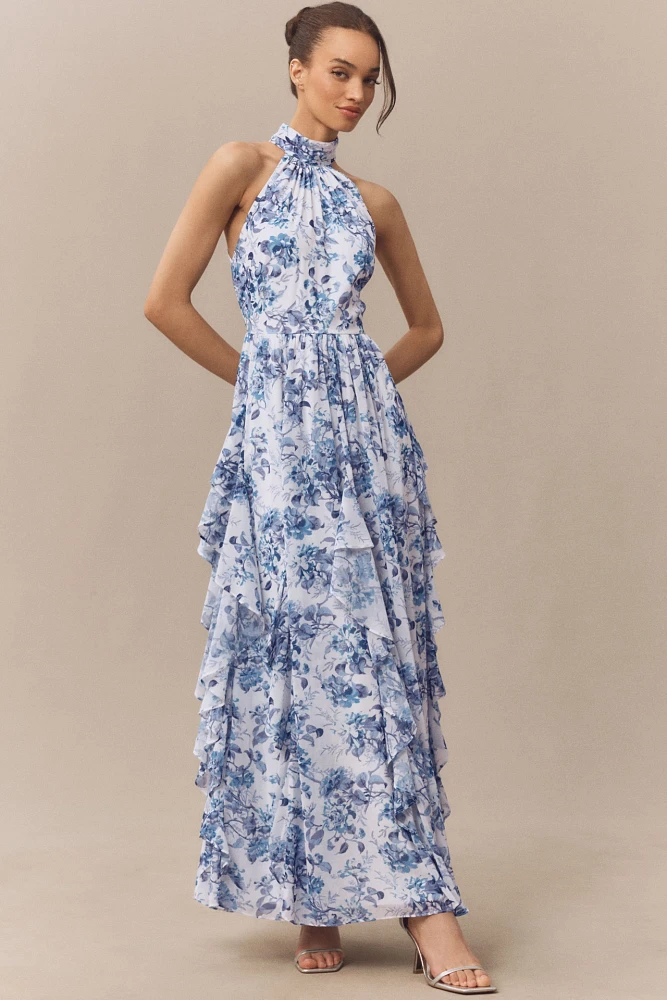 BHLDN High-Neck Printed Chiffon Maxi Dress