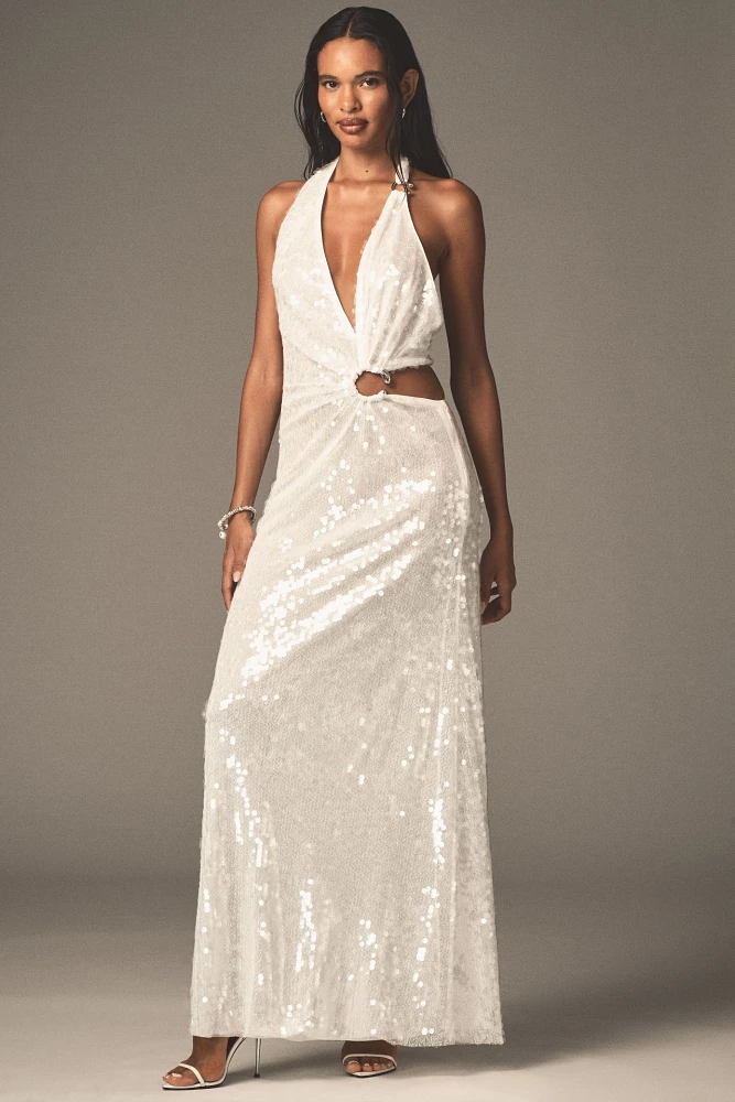 MISHA Devon Asymmetric Plunge Cutout Sequin Maxi Dress