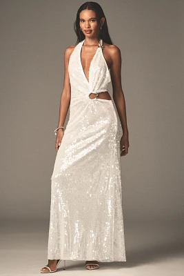MISHA Devon Asymmetric Plunge Cutout Sequin Maxi Dress