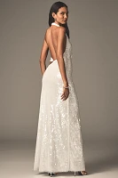 MISHA Devon Asymmetric Plunge Cutout Sequin Maxi Dress