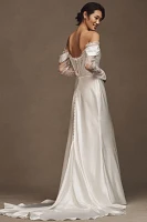 Watters Harlow Off-The-Shoulder Satin & Lace Wedding Gown