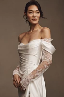 Watters Harlow Off-The-Shoulder Satin & Lace Wedding Gown