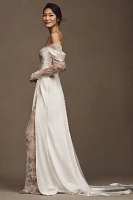 Watters Harlow Off-The-Shoulder Satin & Lace Wedding Gown